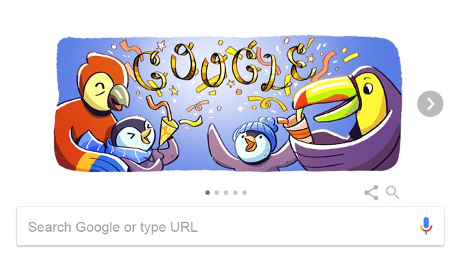 Google doodle celebrates New Year 2017 with penguins, parrots